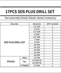 Front view of a 17-piece SDS Plus drill set label for concrete and masonry with assorted bit sizes and chisels
