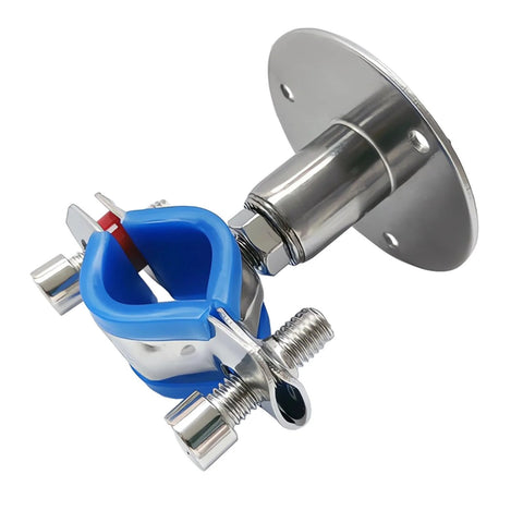 RITUIPIO pipe support clamp for wall/ceiling; close-up shows blue holder, stainless mounting flange, adjustable height.