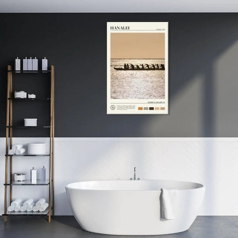 Hanalei Bay Sunset Outrigger Canoe Silhouette Canvas Print Wall Art in Bathroom