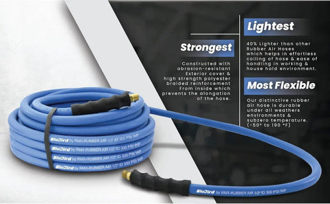 Lightweight Half Inch 100 Foot Rubber Air Hose With 300 PSI, Kink-Resistant And Lays Flat, 100 Percent Rubber Construction, Ultra Flexible And Strong, Ozone Resistant, Temperature Range 50F To 190F, High-Strength Polyester Braided