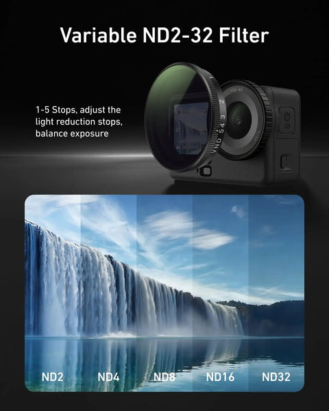 DJI Osmo Action 6 Filter Kit With 2 To 32 Variable ND, CPL UV Lens Filters showing filter effect on waterfall