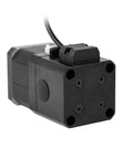 Front view of a black NEMA17 permanent-magnet brake stepper motor with four mounting holes, 12V.