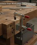 Heavy Duty Stainless Steel Vertical Toggle Clamp Jobsite Tough Side Mount Lever For Wood And Metal Workpieces securing wood on a workbench.
