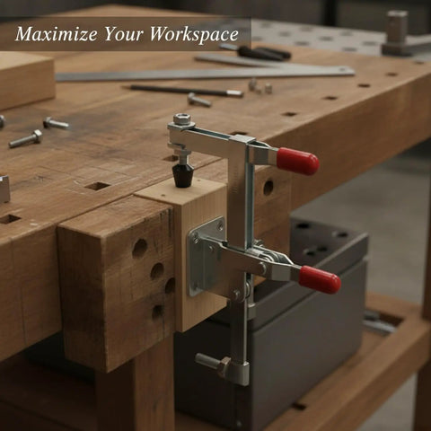 Heavy Duty Stainless Steel Vertical Toggle Clamp Jobsite Tough Side Mount Lever For Wood And Metal Workpieces securing wood on a workbench.
