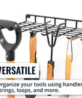 Close-up of Garden Tools Organizer Wall Mount Shelf For Pruners, Shears, Scissors, Hand Tools, And Garden Supplies with hooks