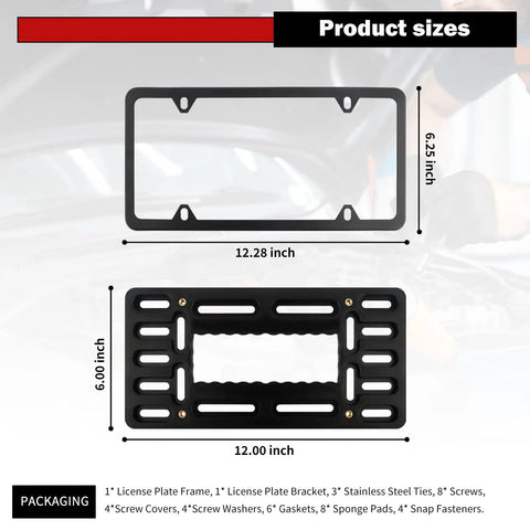 Stainless Steel Front License Plate Bracket Kit With Screws And Ties No Drill Install dimensions and packaging details
