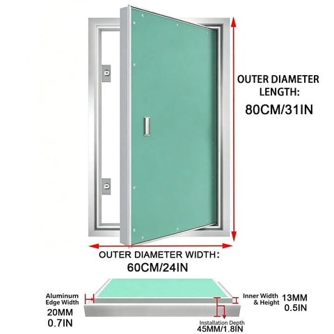 Sturdy Aluminum Alloy Recessed Drywall Access Panel Featuring Slick Flush Mount No Sweat Paint Match Seamless Ceiling Blend with measurements.