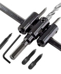 LifCratms adjustable hole saw circle cutter set in black metal with ruler scale; includes drill bits and hex key.