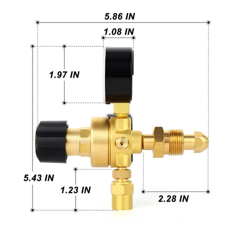 Brass welding gas regulator for argon/CO2 with CGA580 fitting and black adjustment knobs.