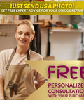 Person in workshop offering free consultation for Fabric And Carpet Repair Kit For Tears, Holes, And Burns Easy DIY Patch.