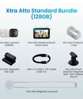 Xtra Atto Standard Bundle with Wearable 4K Action Camera With Cap Mount, 128GB, protective case, dock, hat clip, USB-C cable, magnetic lanyard