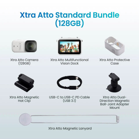 Xtra Atto Standard Bundle with Wearable 4K Action Camera With Cap Mount, 128GB, protective case, dock, hat clip, USB-C cable, magnetic lanyard