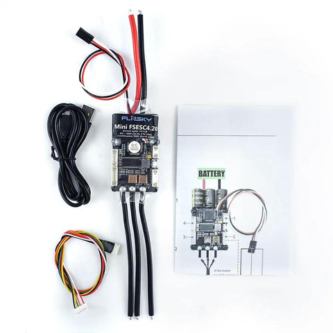 Dope 50A Mini FSESC 4.20 Electric Skateboard Speed Controller with Aluminum Heat Sink, cables, and manual for 12S setup.
