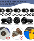 Heavy Duty Anti Theft License Plate Screws Kit Featuring Hella Tight Rustproof Stainless Steel Bolts and Tamper Proof M6 Fastener Caps, showing components.