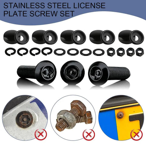 Heavy Duty Anti Theft License Plate Screws Kit Featuring Hella Tight Rustproof Stainless Steel Bolts and Tamper Proof M6 Fastener Caps, showing components.