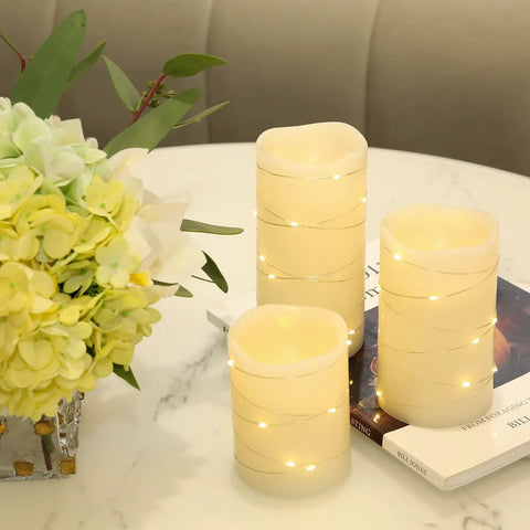 Flameless Wax Pillar Candles Set Of 3 Ivory With Embedded String Lights LED Battery Powered And 5 Hour Cycling Timer
