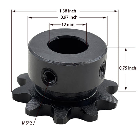 Beefy Roller Chain Sprocket Ten Tooth Type B 12Mm Bore Three Eighths Inch Pitch ANSI 35 Hardened 1045 Steel Drive Sprocket With Antirust Finish HRC 38 42 No Keyway Two Setscrews At Ninety Degrees For 35 Chain