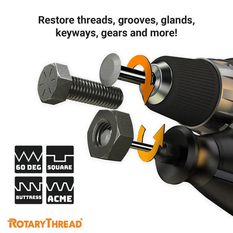 All-In-One Thread Repair Files Kit For Inch And Metric Threads showing fast restoration of threads with rotary tool.