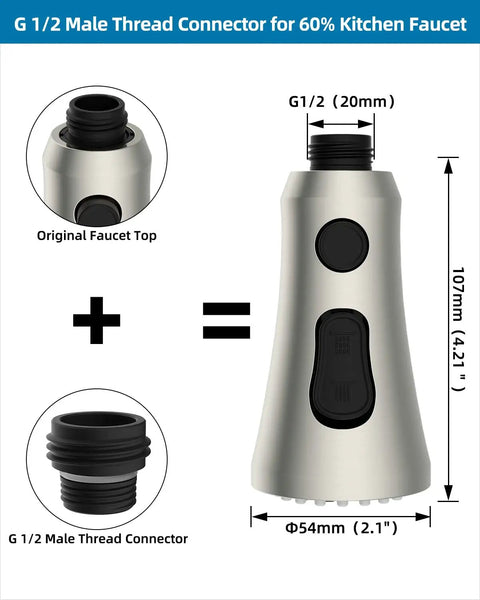 Universal Faucet Head Replacement Kit With 15 Adapters, 3 Function Sprayer, Brushed Nickel Finish, dimensions shown