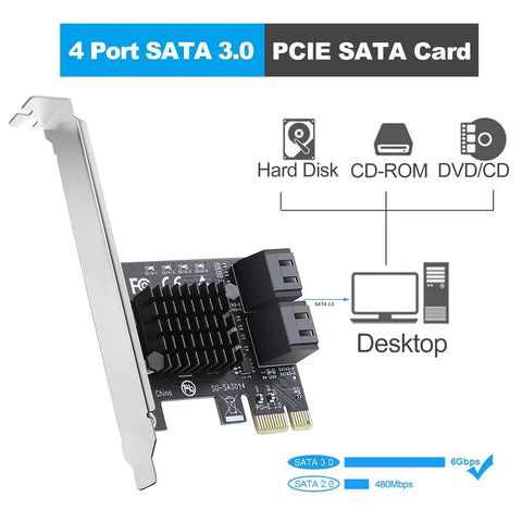 Four Port SATA 3 Gbps PCIe Expansion Card With Cables And Low Profile Bracket Non Raid Bootable System Disk Ready Gives 6Gbps Storage For Desktop PC And Workstation, low profile bracket