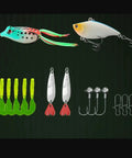 Fishing lure set with frog lure, fish lure, jig spoons, curly tail grubs, offset hooks, and travel pack. For fresh and saltwater use.