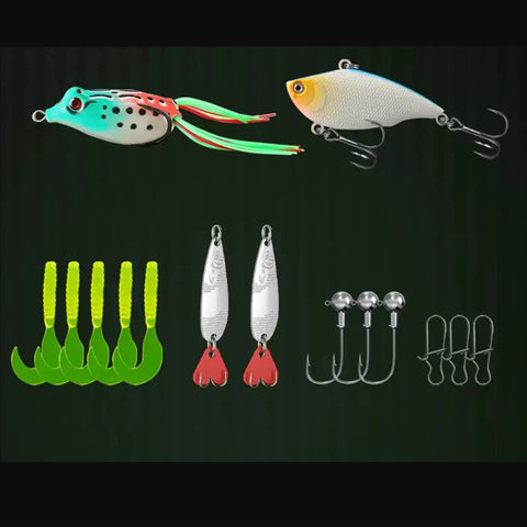 Fishing lure set with frog lure, fish lure, jig spoons, curly tail grubs, offset hooks, and travel pack. For fresh and saltwater use.