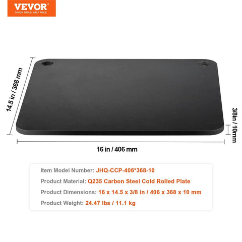 Heavy Duty Pizza Steel Plate For Oven And Grill 16 By 14.5 By Three Eighths Inch Carbon Steel Preseasoned display with dimensions