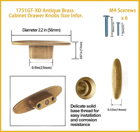 Six Pack Oval Antique Brass Cabinet Knobs Set For Drawers And Dressers, Durable Zinc Alloy Pulls dimensions and details