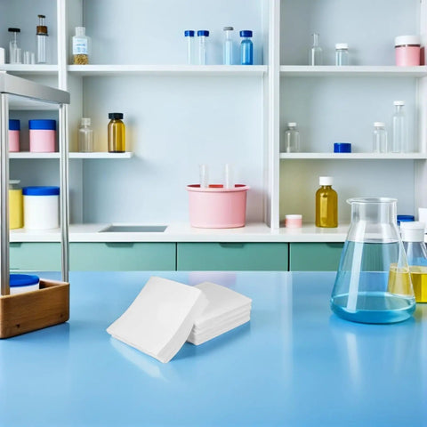 Top Shelf Lint Free Cleaning Wipes Six Inch No Hassle Oil Absorbing Cleanroom Cloths For Office Desks And Laptop Screens Bulk Pack Nine Hundred Count Fresh Shine Polish on a laboratory table.