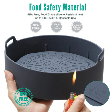 Hand holding Air Fryer Silicone Liners Set For 5 Qt And Up Game-Changing Nonstick Food Grade Silicone Basket Liners With Split Strip