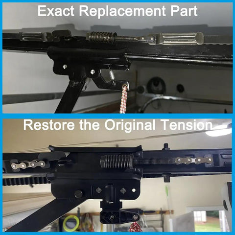 Plug And Play Tensioner Assembly With Bolt And Master Links For Chamberlain LiftMaster Garage Door Opener Spring Replacement Fits 41B4103 41C5141 assembly showing parts in use for door tension restoration.