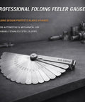 Pro Grade Stainless Steel Feeler Gauge Set With 32 Straight And 16 Angled Blades Dual Marked SAE And Metric on a workbench