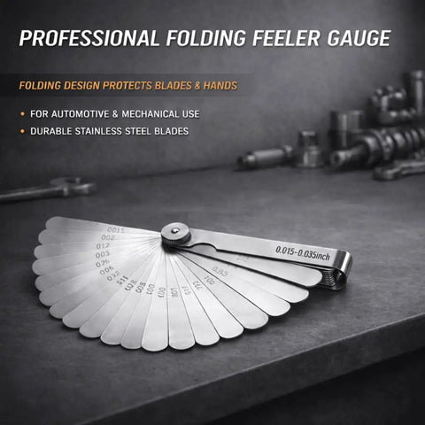 Pro Grade Stainless Steel Feeler Gauge Set With 32 Straight And 16 Angled Blades Dual Marked SAE And Metric on a workbench