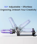 RAY5 20W Laser Engraver with Air Assist Kit showcasing rotary attachment engraving cylindrical tumbler at 180 degrees