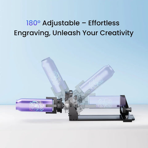 RAY5 20W Laser Engraver with Air Assist Kit showcasing rotary attachment engraving cylindrical tumbler at 180 degrees