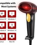 Wired Barcode Scanner With Adjustable Stand And Auto Sensor 1D USB Laser Scanner for Windows, Mac, Linux compatibility image.