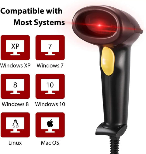 Wired Barcode Scanner With Adjustable Stand And Auto Sensor 1D USB Laser Scanner for Windows, Mac, Linux compatibility image.