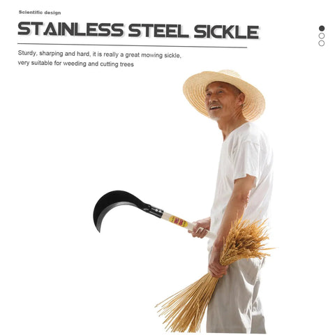 Man holding Long Handle Garden Sickle For Weeding And Grass Cutting Manganese Steel Blade With Wooden Handle Lawn Care Tool.
