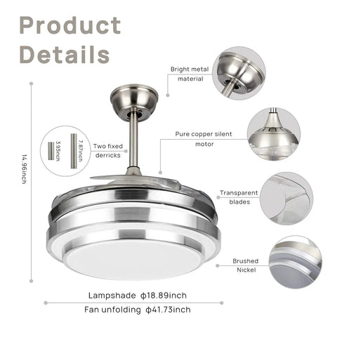 42 Inch Ceiling Fan With Light And Dimmable LED Remote Control 6 Speed Low Profile Ceiling Fan, brushed nickel, product details