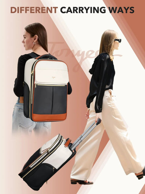 Tonyeee rolling backpack and wheeled carry-on luggage; beige, white, and dark gray color blocks with gold zippers