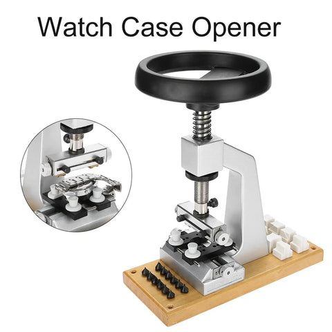 Pro Grade Watch Case Opener Kit For Bench Top With Six Notches And Adapter, 5700 Back Opener shown on a wooden base setup.