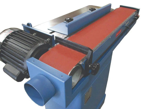 6 Inch By 89 Inch Tilting Edge Sander With Heavy Duty Adjustable Cast Iron Table Belt Runs Horizontal Or Vertical And At Angles Graphite Coated Platen To Minimize Heat Easy Belt Tracking And Tension For Precise Smooth Sanding, close-up view of the belt and motor