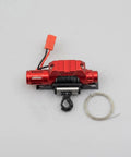 Super Cool CNC Electric Winch For RC Crawler Trucks With Metal Hook Perfect For Rock Gardens And Tricky Terrain Workshop Builds To Crush Scale Rig Challenges, red metal winch with steel cable and hook, top view.