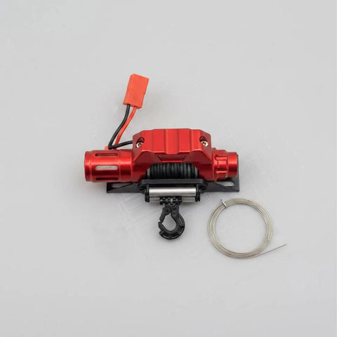 High Performance CNC Electric RC Winch With Steel Cable For 1/10 Scale Crawler Trucks And Off Road Models Super Tough Mounting in red with hook and wire.