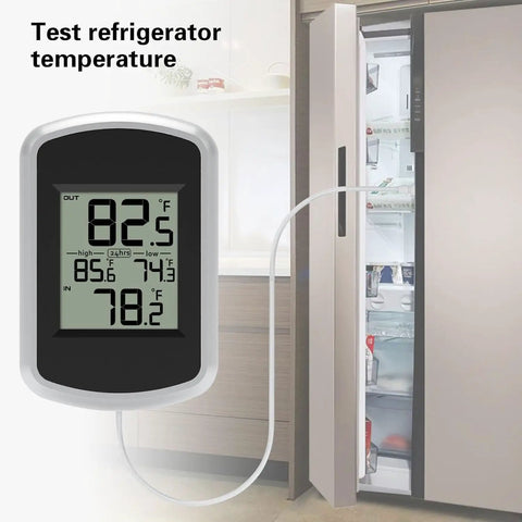 Wired Indoor Outdoor Thermometer With 2.1 Inch Display, 78.74 Inch Waterproof Probe, Fahrenheit Only, Real Time Indoor Outdoor Temp Monitor, Min Max Records, Easy Setup For Home Porch Or Garage. Digital thermometer on refrigerator door, white probe cable