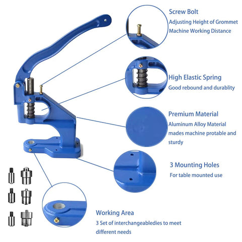 Hand Operated Grommet Press Kit With Three Dies 0 2 4 And 2400 Grommets showing components and aluminum alloy material features