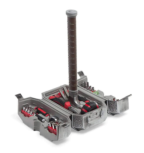 Thor Hammer Tool Set 44-Piece Mjolnir Inspired Handyman Kit Officially Licensed Marvel Tool Box For Home Repairs, DIY Projects, And Everyday Fixes For Quick Home Improvements inside open hammer-shaped case showing tools