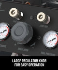 Heavy Duty 12 Gallon Air Compressor Powers Up Silky Quiet With An Oil Free Build features large regulator knob and pressure gauges.