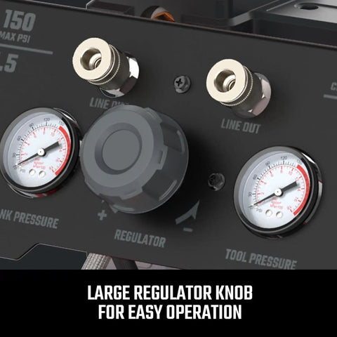 Heavy Duty 12 Gallon Air Compressor Powers Up Silky Quiet With An Oil Free Build features large regulator knob and pressure gauges.