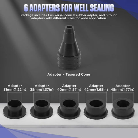 Six adapters for Coolant Vacuum Refill Kit With Pressure Gauge And Air Adapters, showing various sizes for efficient air removal.